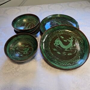 Vintage Tatamban Michoacan Mexico Pottery 8pc Set Green Bird Animal Plates Bowls